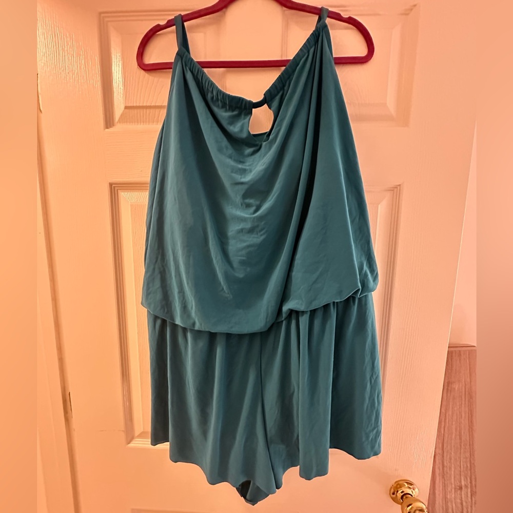 AquaGreen Teal High Neck Swim Romper Pockets Modest Shorts NEW 24W